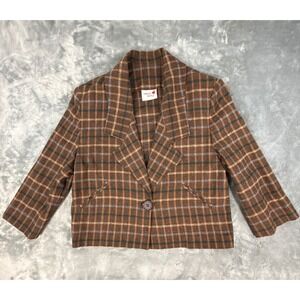 Vintage 80s 90s Sweet Apple Plaid Wool Blazer Brown Green Cropped USA 39 bust, M